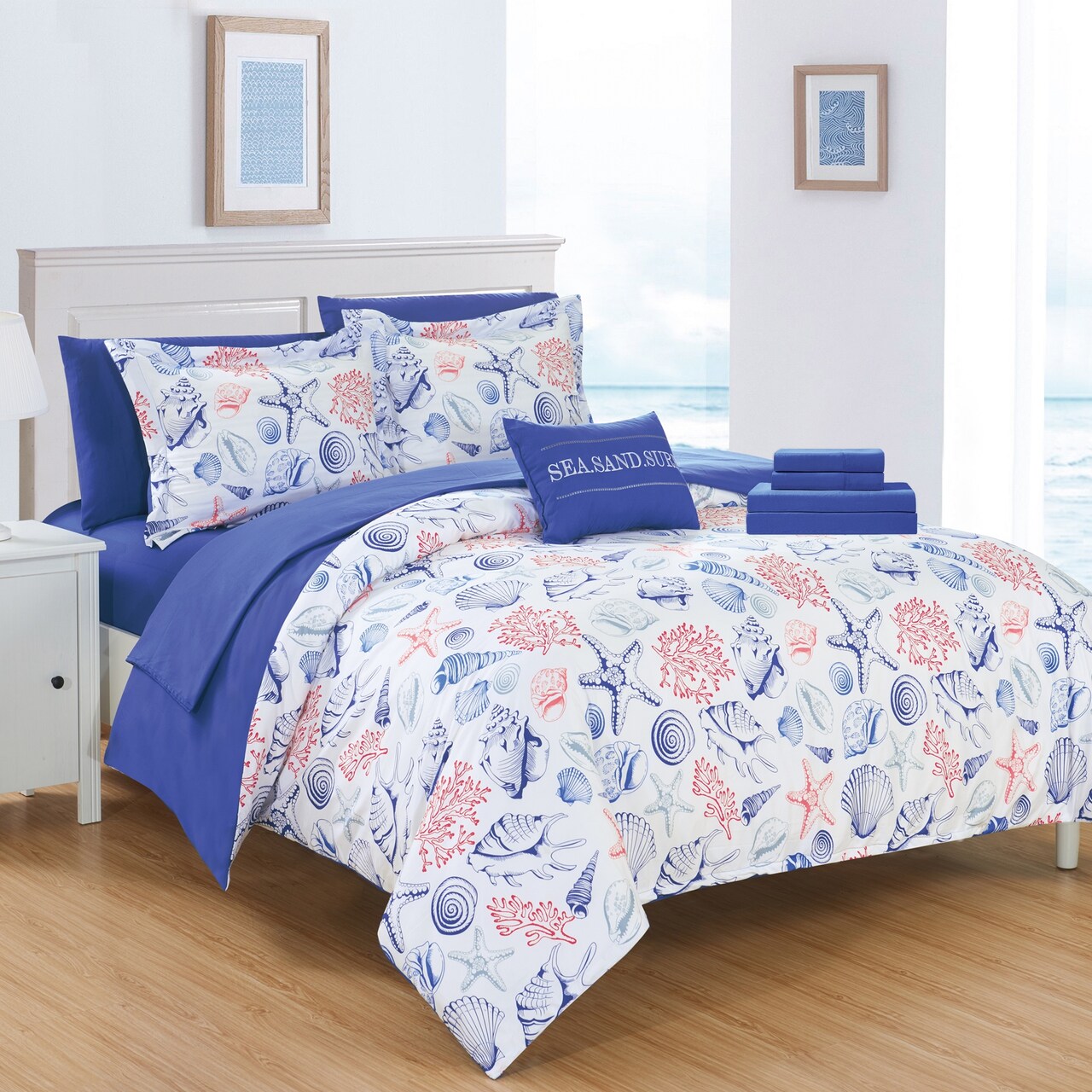 Lux-Bed LLC 8 or 6 Piece Reversible Comforter Set "Sea, Sand, Surf" Theme Print Design Bed in a Bag